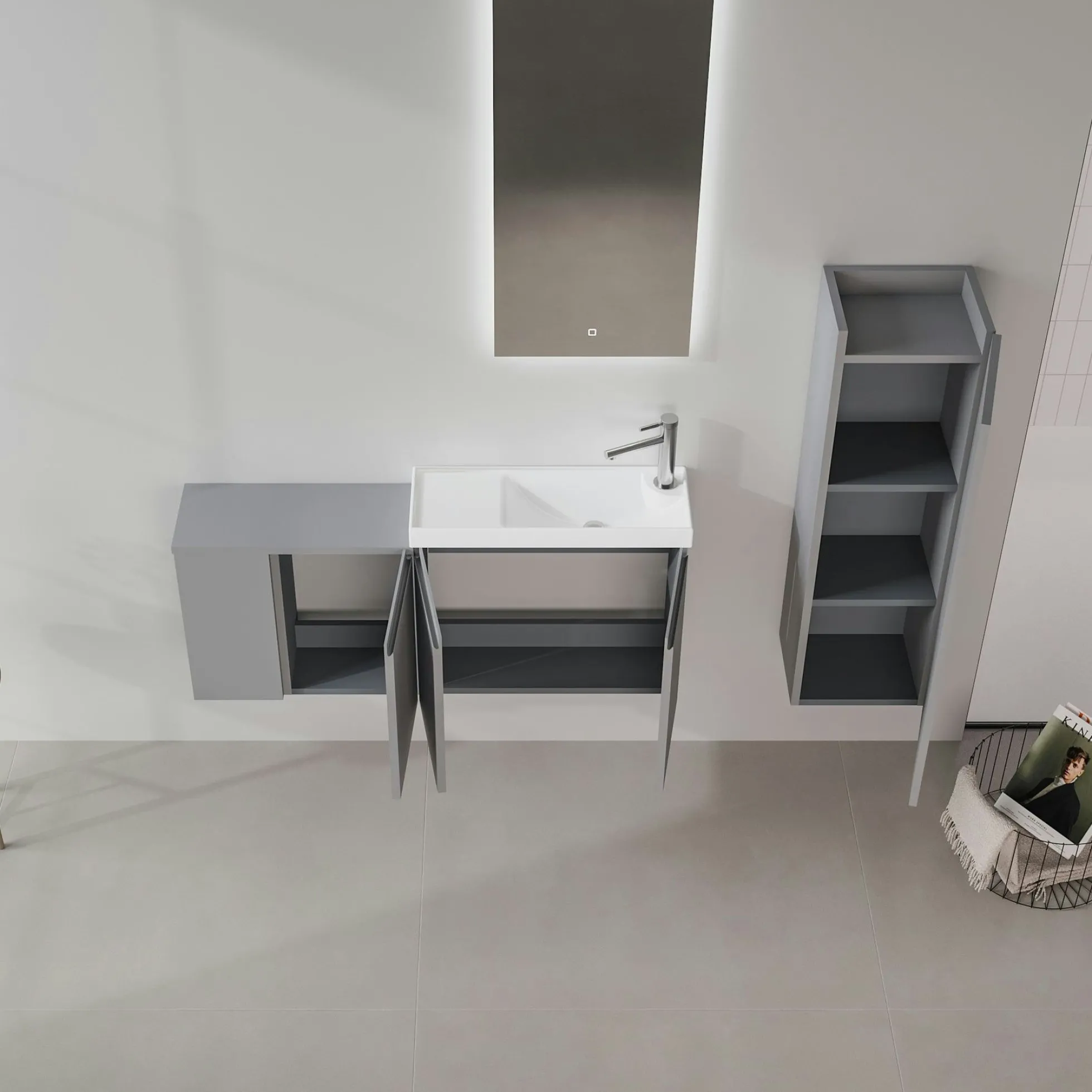 Lave-mains suspendu 110 cm gris 3 portes 2 niches IRIS