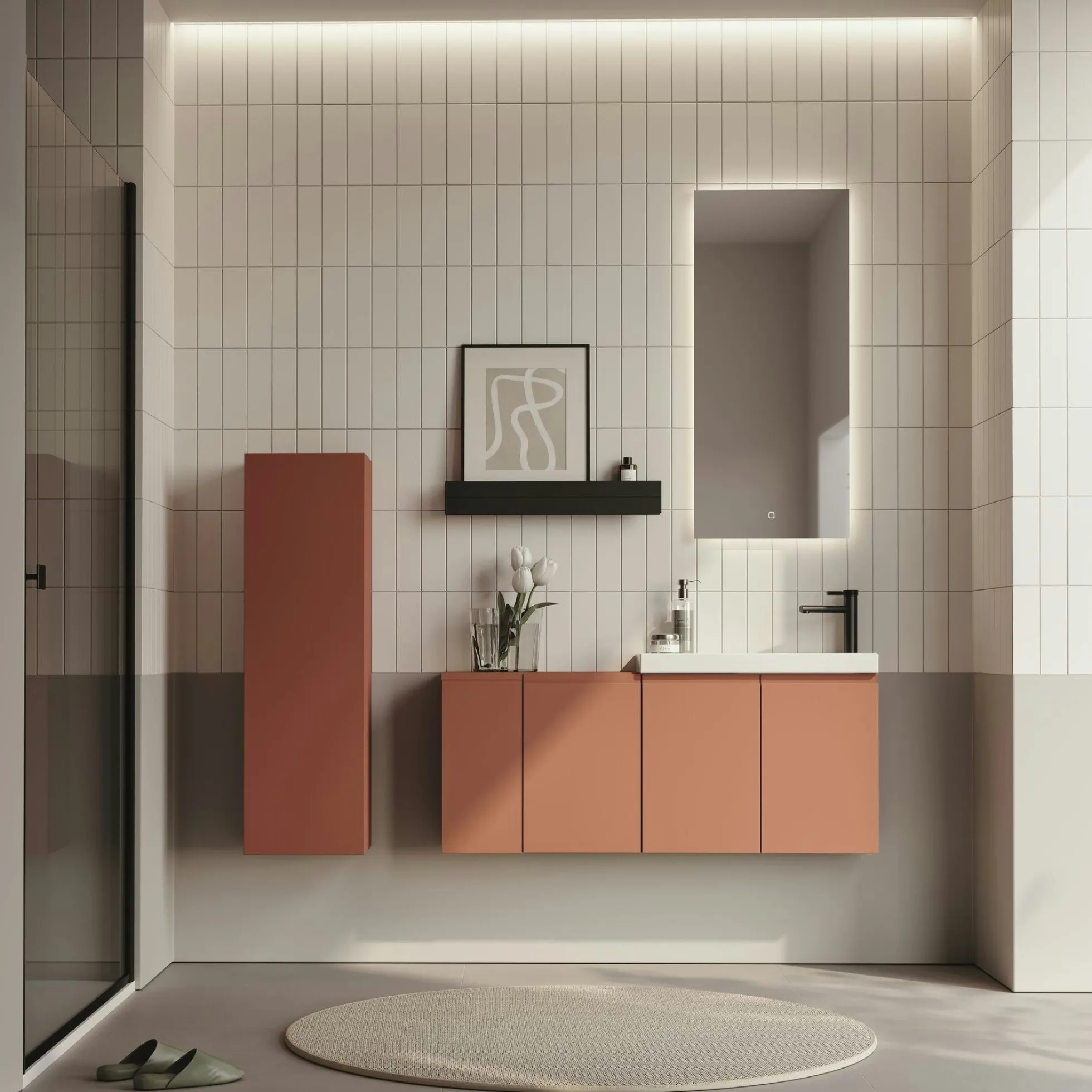 Lave-mains suspendu 110 cm rouge 3 portes 2 niches IRIS