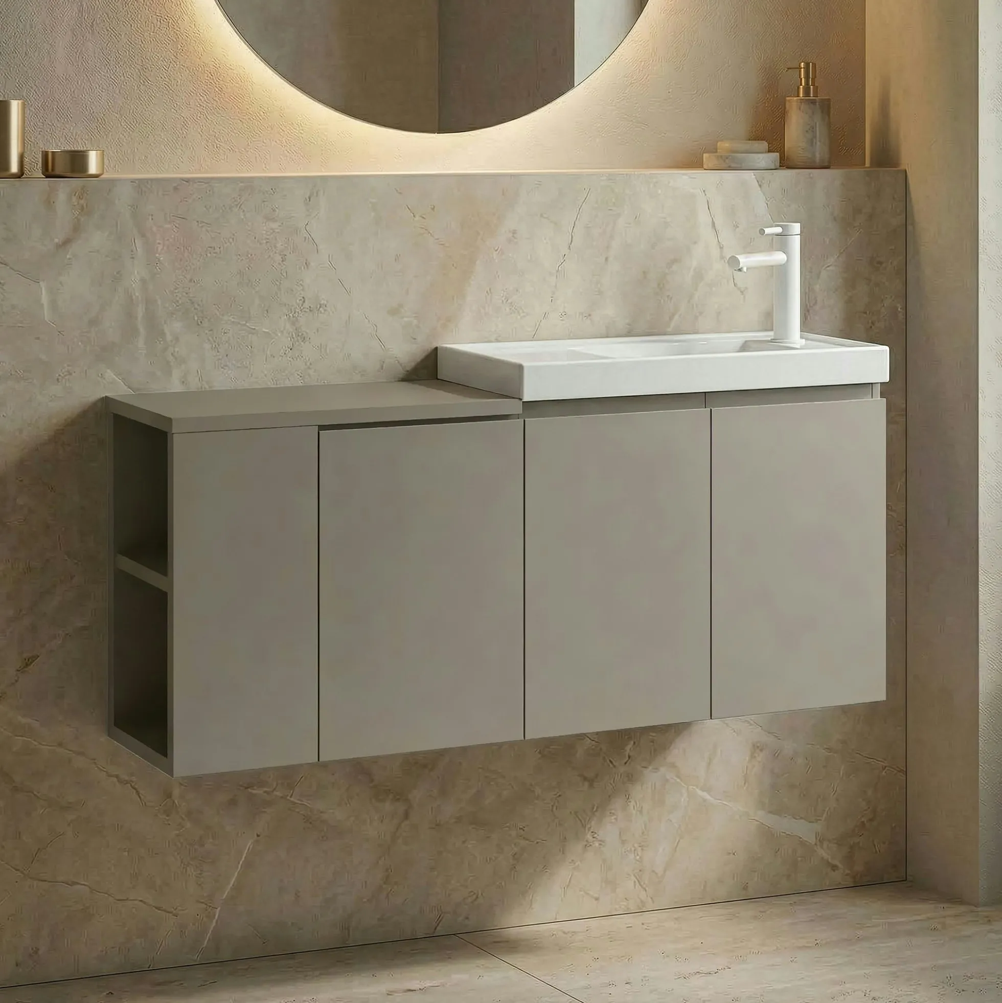 Lave-mains suspendu 110 cm taupe 3 portes 2 niches IRIS