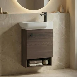 Lave-mains suspendu décor bois foncé 1 porte 1 niche ONA