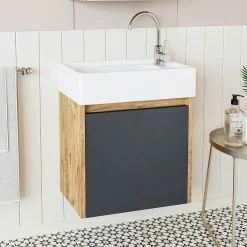 Lave-mains suspendu décor pin et anthracite 1 porte LUA