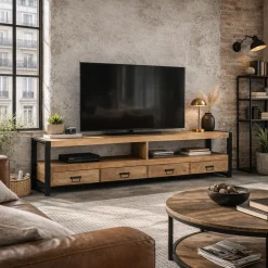 Long meuble TV bois clair métal noir 4 tiroirs MILORA