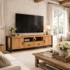 Long meuble TV bois clair métal noir 2 portes MILORA