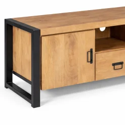 Long meuble TV bois clair métal noir 2 portes MILORA