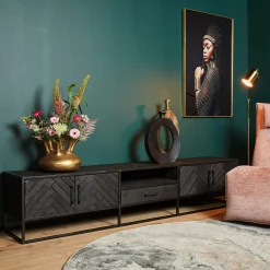 Long meuble TV bois noir 4 portes motif chevron ALVERA