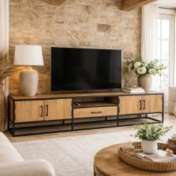 Long meuble TV en bois clair 4 portes 1 tiroir RIVANO