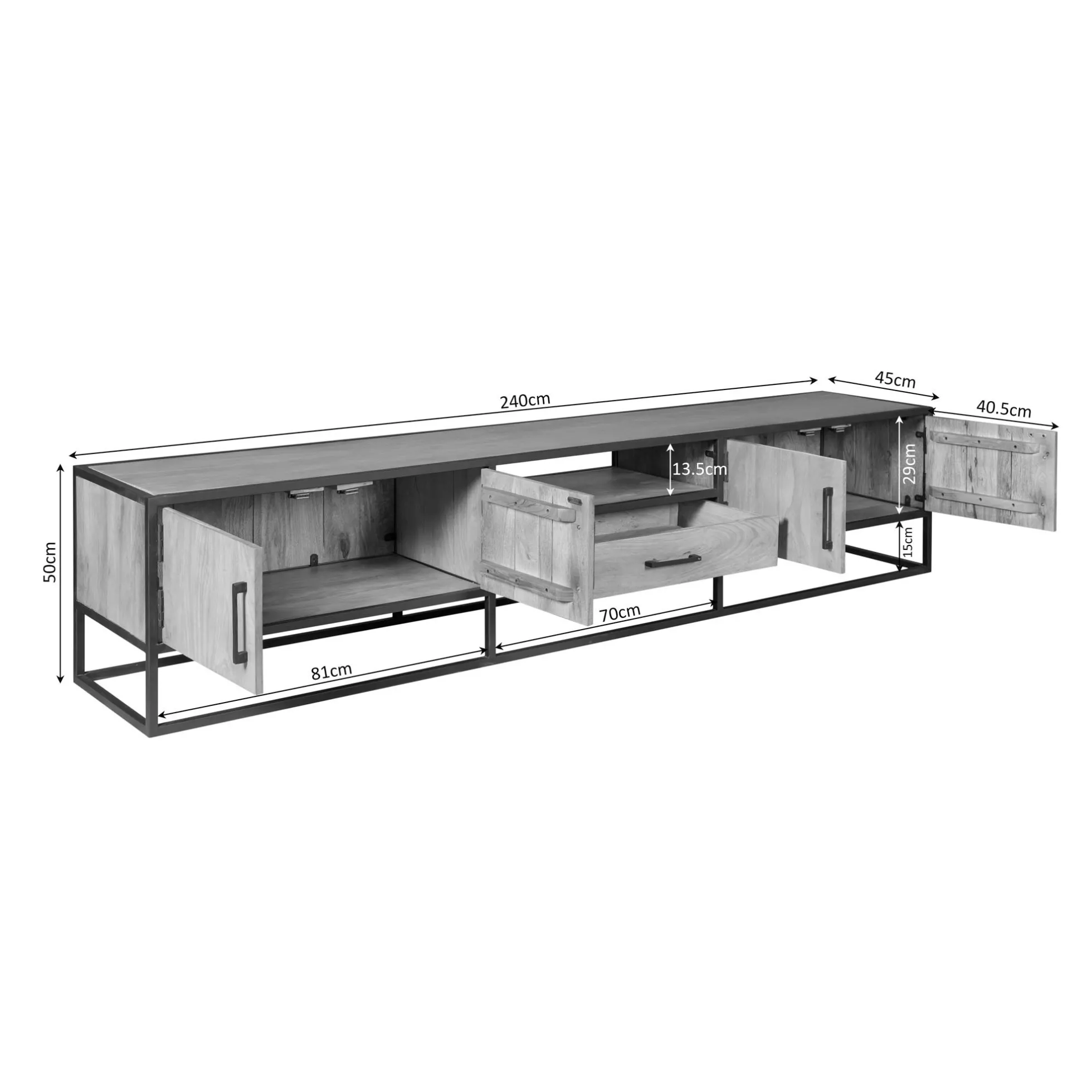 Long meuble TV en bois clair 4 portes 1 tiroir RIVANO
