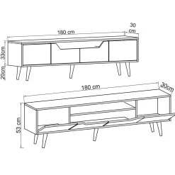 Long meuble TV 4 portes effet noyer pieds noirs 180 cm MARFA