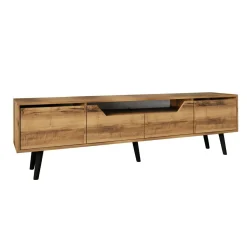 Long meuble TV 4 portes effet noyer pieds noirs 180 cm MARFA