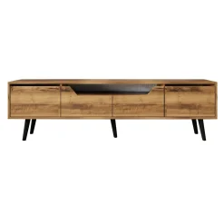 Long meuble TV 4 portes effet noyer pieds noirs 180 cm MARFA