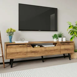 Long meuble TV 4 portes effet noyer pieds noirs 180 cm MARFA