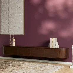 Long meuble TV suspendu bois foncé 240 cm AREZZO