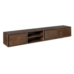 Long meuble TV suspendu bois foncé 3 tiroirs 1 niche 240 cm AERA