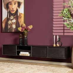 Long meuble TV suspendu bois noir 3 tiroirs 1 niche 240 cm AERA