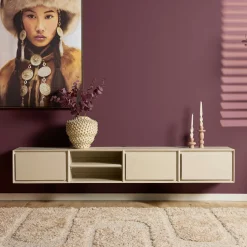 Long meuble TV suspendu bois sable 3 tiroirs 1 niche 240 cm AERA