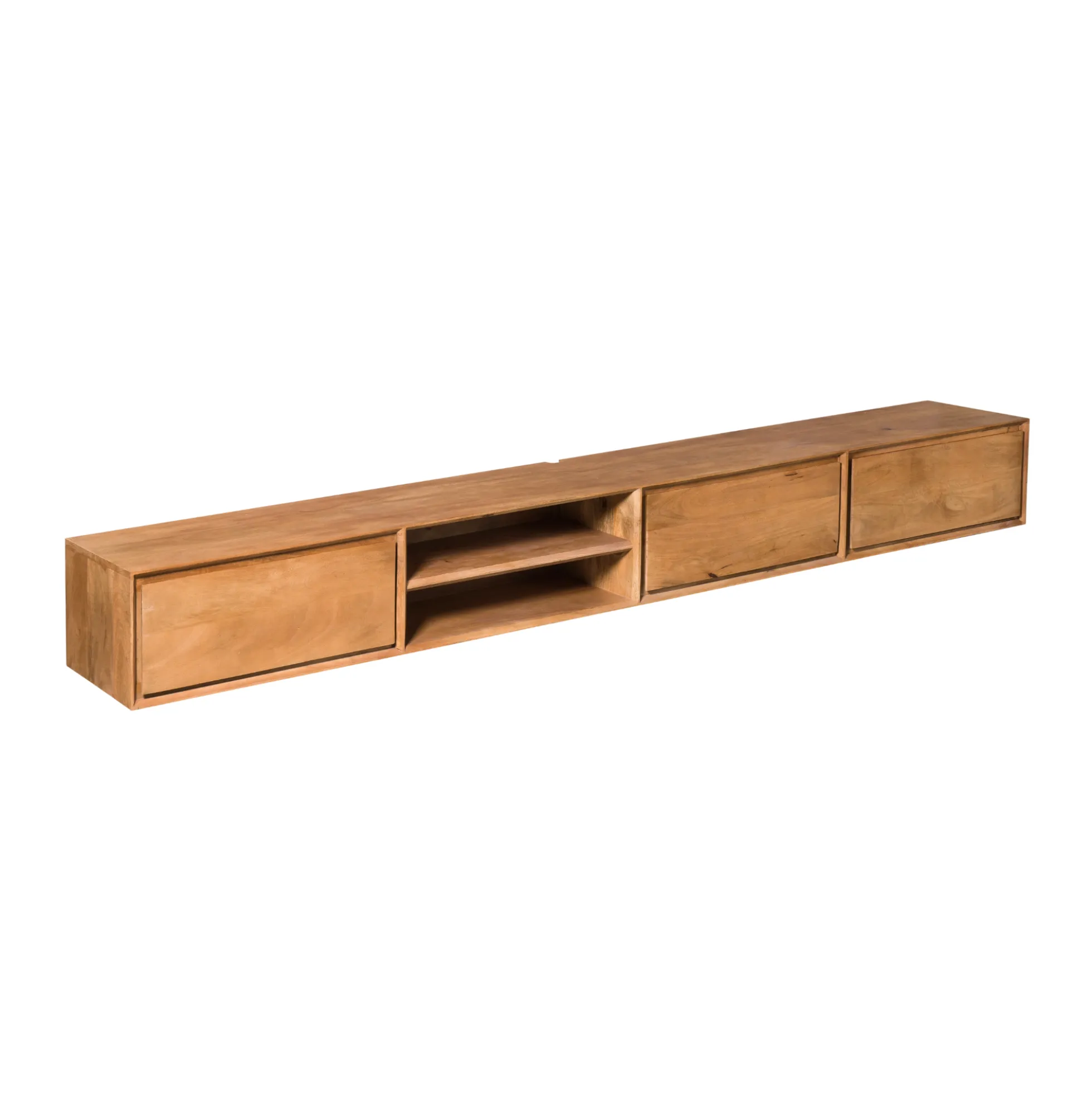 Long meuble TV suspendu bois 3 tiroirs 1 niche 280 cm AERA