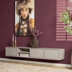 Long meuble TV suspendu bois taupe 3 tiroirs 1 niche 280 cm AERA