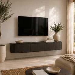 Long meuble TV suspendu en chêne brun 4 portes LOREN