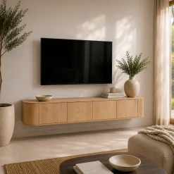 Long meuble TV suspendu en chêne clair 4 portes LOREN