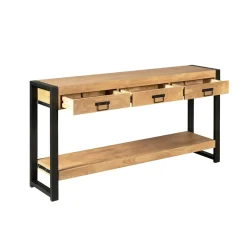 Longue console d'entrée bois clair métal noir 3 tiroirs MILORA