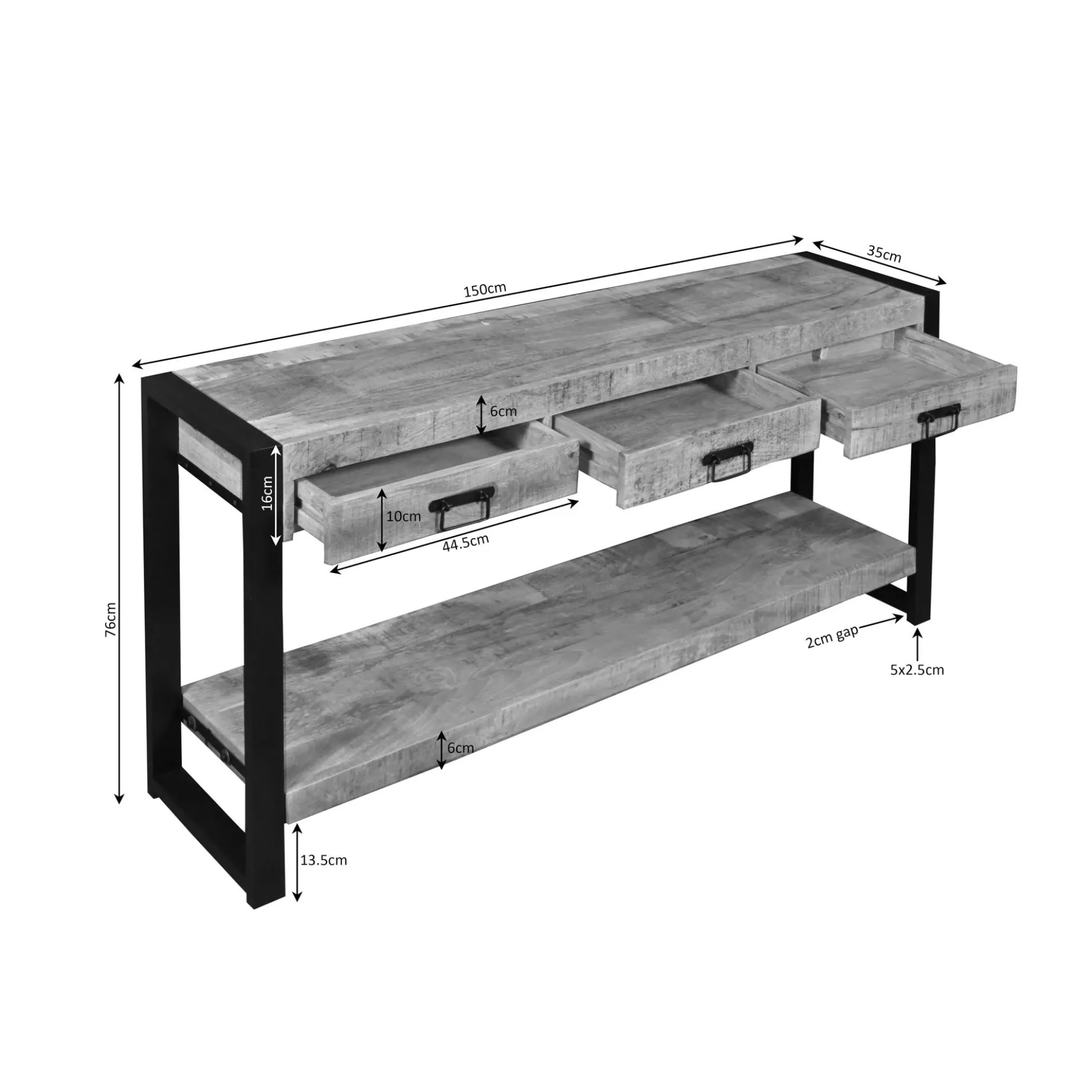 Longue console d'entrée bois clair métal noir 3 tiroirs MILORA