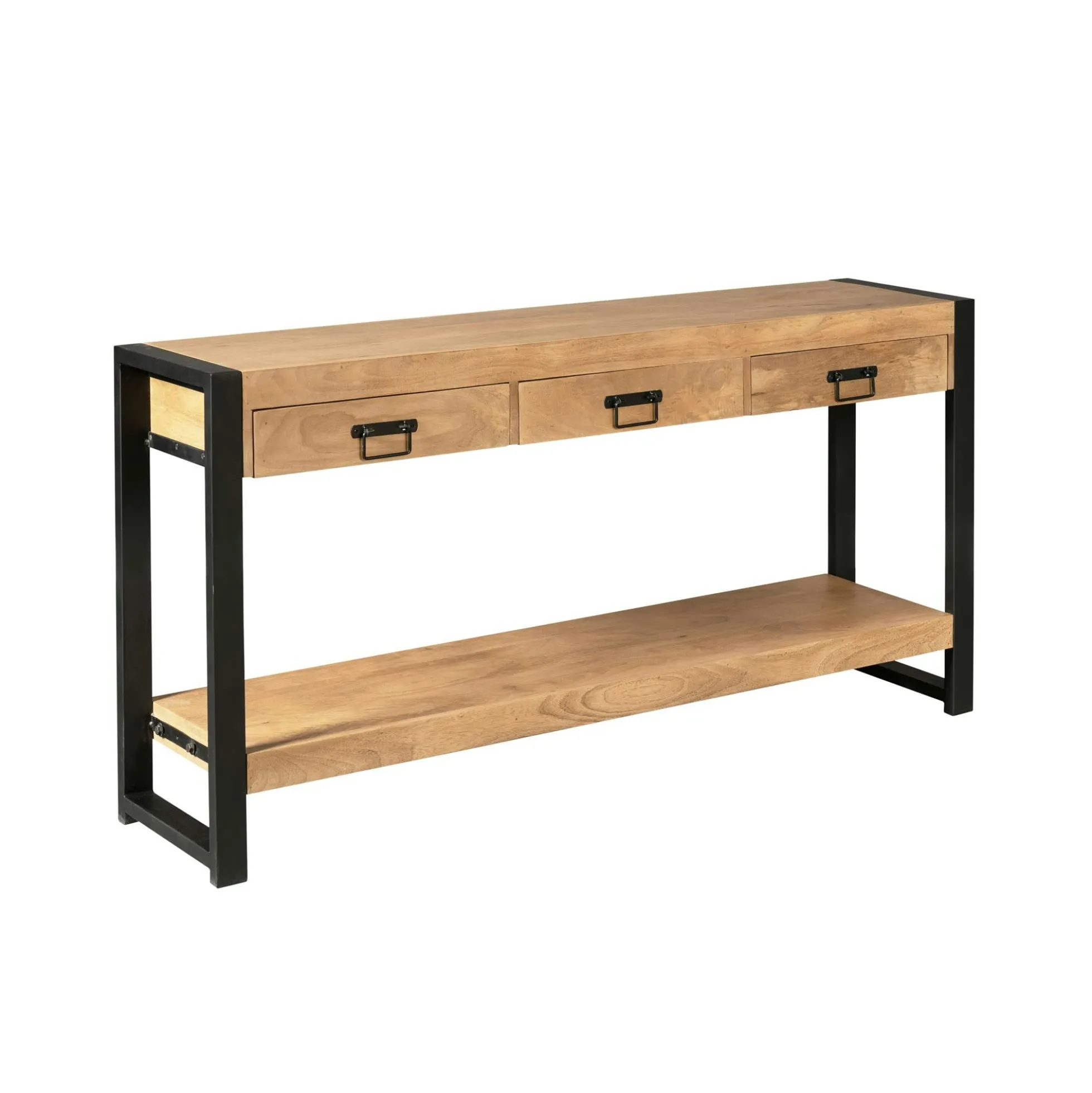 Longue console d'entrée bois clair métal noir 3 tiroirs MILORA