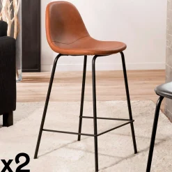 Lot de 2 Chaises de Bar effet couture apparente en métal et tissu marron 41x45x87cm TIM