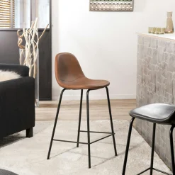 Lot de 2 Chaises de Bar effet couture apparente en métal et tissu marron 41x45x87cm TIM