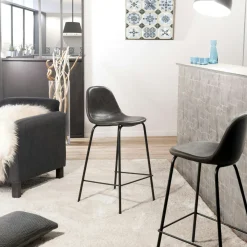 Lot de 2 Chaises de Bar effet couture apparente en métal et tissu noir 41x45x87cm TIM