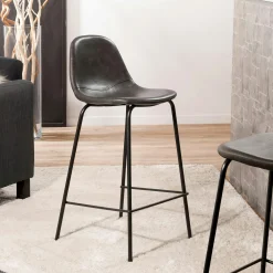 Lot de 2 Chaises de Bar effet couture apparente en métal et tissu noir 41x45x87cm TIM