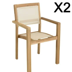 Lot de 2 fauteuils empilables teck et textilène couleur beige ALERIA