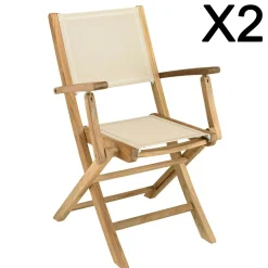 Lot de 2 fauteuils pliants teck et textilène couleur beigeALERIA