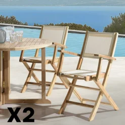 Lot de 2 fauteuils pliants teck et textilène couleur beigeALERIA