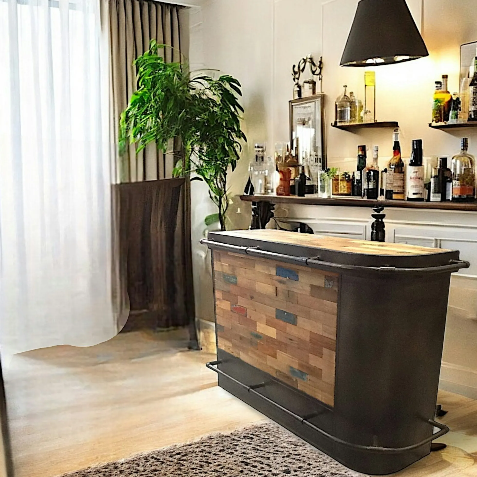 Meuble bar bois recyclé arrondi à droite 164x60 CARAVELLE