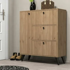 Meuble à chaussures décor bois 4 portes pieds obliques UMEA