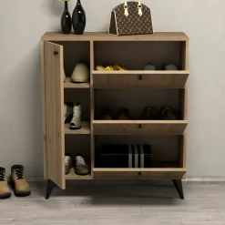 Meuble à chaussures décor bois 4 portes pieds obliques UMEA