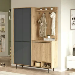 Meuble d'entrée avec rangement - anthracite et effet chêne JENA