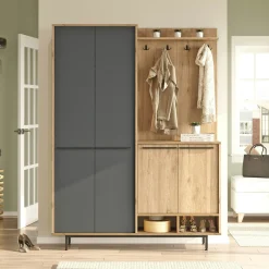 Meuble d'entrée avec rangement - anthracite et effet chêne JENA