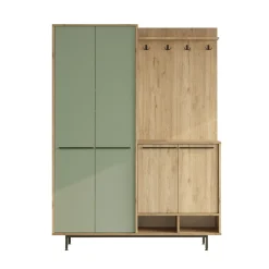 Meuble d'entrée avec rangement - vert sauge et effet chêne JENA