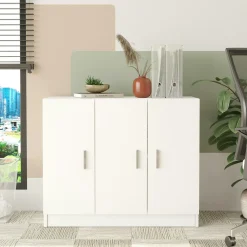 Meuble de rangement bureau blanc 3 portes avec étagères MARFA