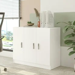 Meuble de rangement bureau blanc 3 portes avec étagères MARFA