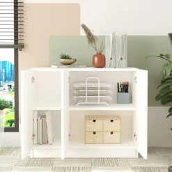 Meuble de rangement bureau blanc 3 portes avec étagères MARFA
