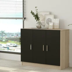 Meuble de rangement bureau 3 portes décor bois et noir MARFA