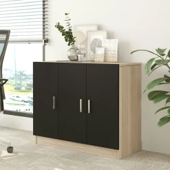 Meuble de rangement bureau 3 portes décor bois et noir MARFA