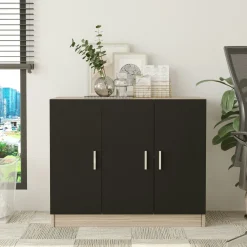 Meuble de rangement bureau 3 portes décor bois et noir MARFA