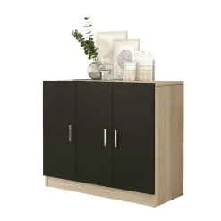 Meuble de rangement bureau 3 portes décor bois et noir MARFA