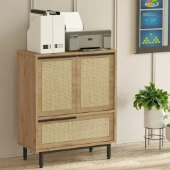 Meuble de rangement bureau 3 portes décor cannage JENA