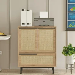 Meuble de rangement bureau 3 portes décor cannage JENA