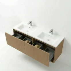 Meuble double vasque suspendu décor bois clair 2 tiroirs SELIA