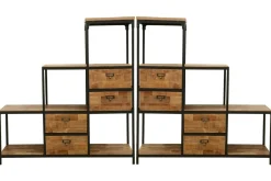 Meuble Escalier Double Faces 4 tiroirs, 4 niches cubes ouvertes en Hévéa recyclé naturel et métal 120x40x128cm LOFT